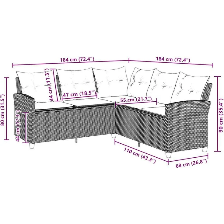 vidaXL L-förmiges Couchsofa mit Kissen Schwarzes Polyrattan 365415 – Bild 7