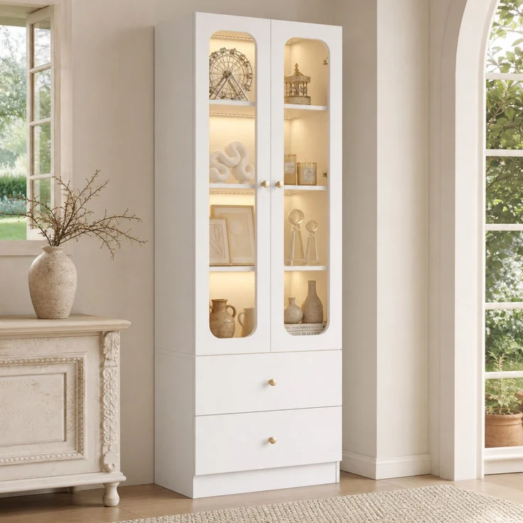 ZUBALIYA Glasvitrine, Küchenschrank, Aktenschrank, Sammelfiguren-Vitrine, 4 Ebenen Spielzeugschrank mit 2 Schubladen, LED-Leiste mit RGB-Farbwechsel per App steuerbar, goldene Metallgriffe, weiß, 60x35x170 cm – Bild 8