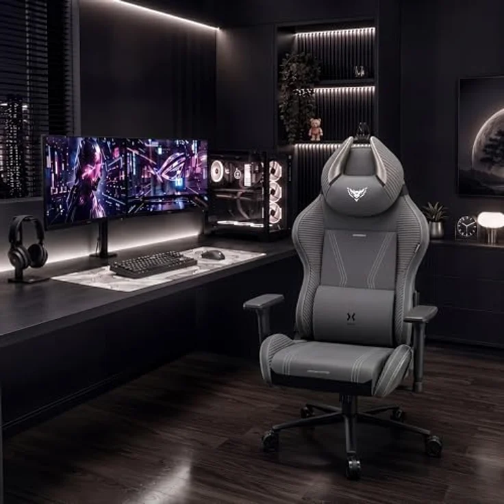Diablo Gaming Stuhl ergonomisch Stoff Gaming Chair 140 kg belastbar Bürostuhl Gamer Stuhl mit 3D Armlehnen Lendenkissen Kopfkissen Wippfunktion Verstellbarer Rückenlehne Rainbow Grey – Bild 2