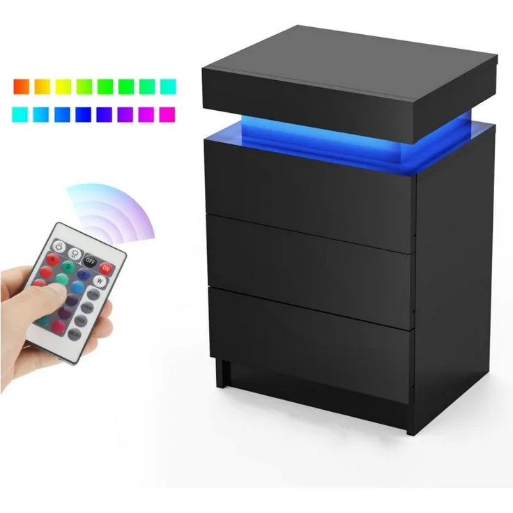 oyajia Nachttisch Hochglanz Nachtschrank mit 2 Schubladen,LED-Beleuchtung 16 Farben (Nachttisch mit LED Streifen, Beistelltisch), Nachttisch mit einstellbare Farben,Sofatisch, 45x35x55 cm Schwarz/Weiß