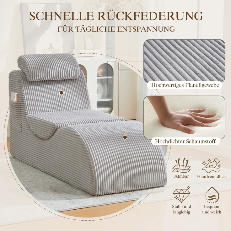 LVHOM Relaxsessel Ergonomisches Design, Lesesessel mit verstellbarer Kopfkissen und Sitzkissen, Fernsehsessel mit Seitentasche, Cord Bezug, bis 200kg belastbar – Bild 7