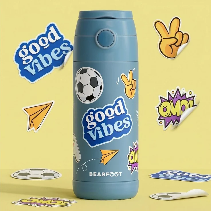 BEARFOOT Trinkflasche Thermo Kinder Trinkflasche Edelstahl - Sticker blau, Thermosflasche, auslaufsicher, Edelstahl, Kinderflasche, BPA-frei – Bild 2