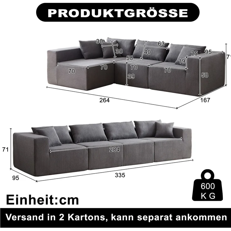 Modulares Ecksofa aus Cord, 4-teilig und frei kombinierbar, 264x167x71 cm, Grau – Bild 4