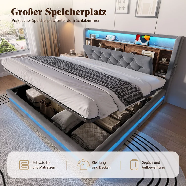 TavilaEcon Boxspringbett Samtbett, Polsterbett mit LED-Beleuchtung & USB-Ladefunktion grau Liegefläche 160 × 200 cm – Bild 4