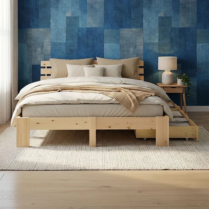 Holzbett 180x200 cm mit 2 Federkernmatratze & Bettkästen Doppelbett Bett Holzbettrahmen Natur Massiv Holz Lattenrost – Bild 10