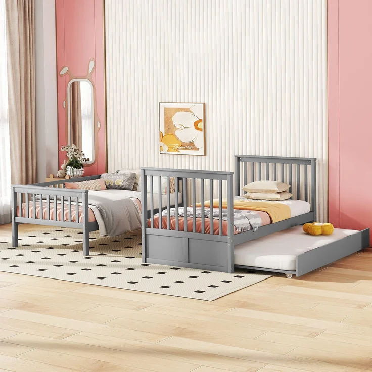 Etagenbett mit 2 Liegeflächen, Ausziehbett, Lattenrost, Leiter und Rausfallschutz, 90x200 cm, Kinderbett umbaufähig zu 2 Einzelbetten, Kiefer – Bild 2