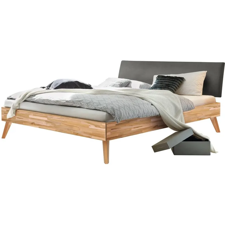 Hasena Massivholzbett Pesaro Kernbuche mit Polster-Kopfteil, Bezug Monet Steel 140x210 cm, Fußhöhe 20 cm – Trento