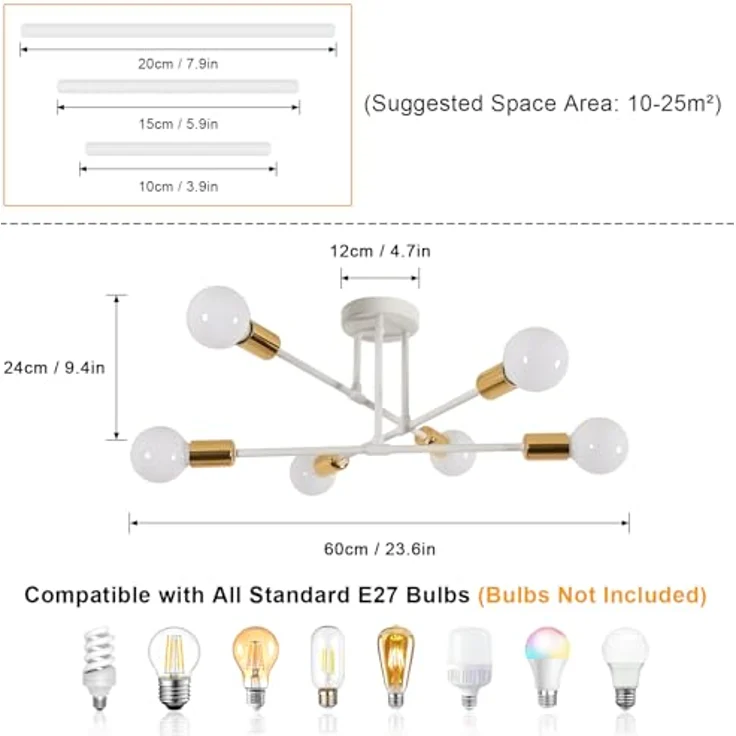 Deckenleuchte Vintage, 6 Flammig E27 60 cm Deckenlampe Sputnik Kronleuchter Modern für Wohnzimmer Esszimmer Küche Flur, Weiß & Gold Max. 60 W (Ohne Glühbirnen) – Bild 3