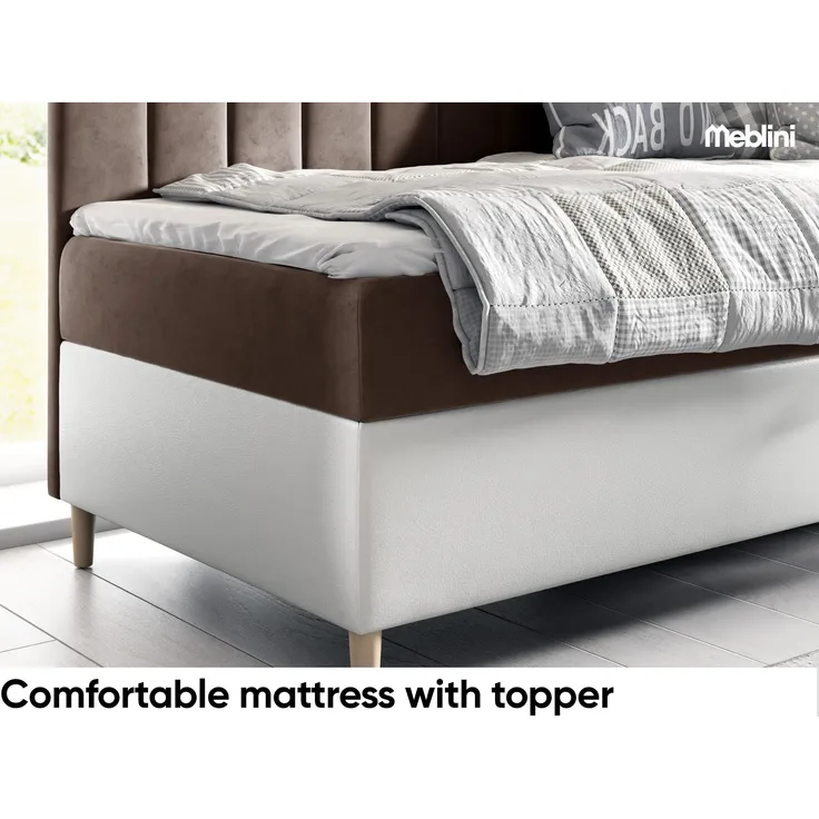 MEBLINI Kinderbett mit Bettkasten MAYA 3 90x200 Rechts – H3/Braun Samt Gepolstert Einzelbett mit Matratze - Polsterbett mit Stauraum - Bett mit Kopfteil – Stauraumbett