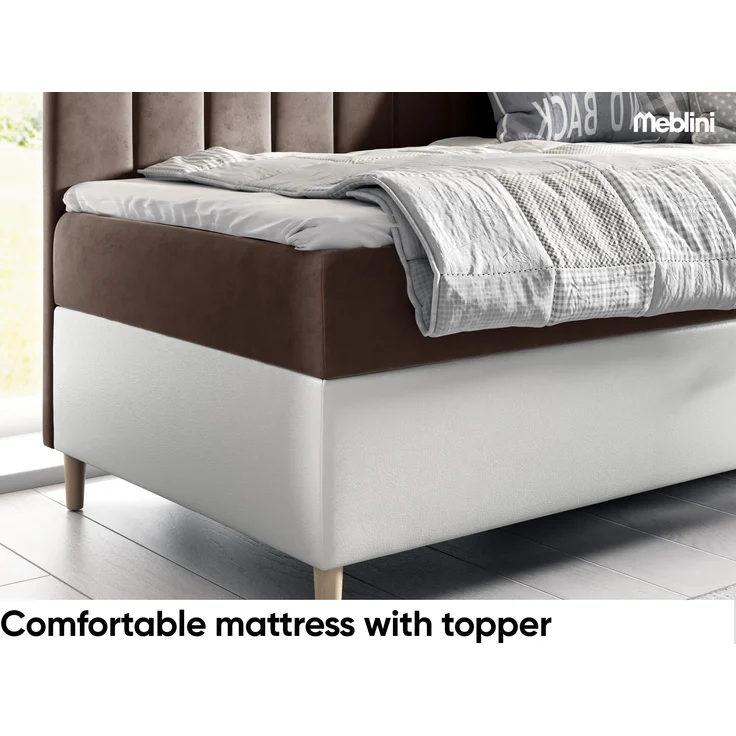 MEBLINI Kinderbett mit Bettkasten MAYA 3 90x200 Rechts – H3/Braun Samt Gepolstert Einzelbett mit Matratze - Polsterbett mit Stauraum - Bett mit Kopfteil – Stauraumbett – Bild 1