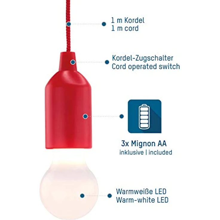 Ansmann HyCell Pull Light, tragbare LED Lampe in rot mit Zugschalter, warmweiß, inkl. AAA Batterien, ideal für Garten, Zelt, Camping und Dekoration – Bild 2