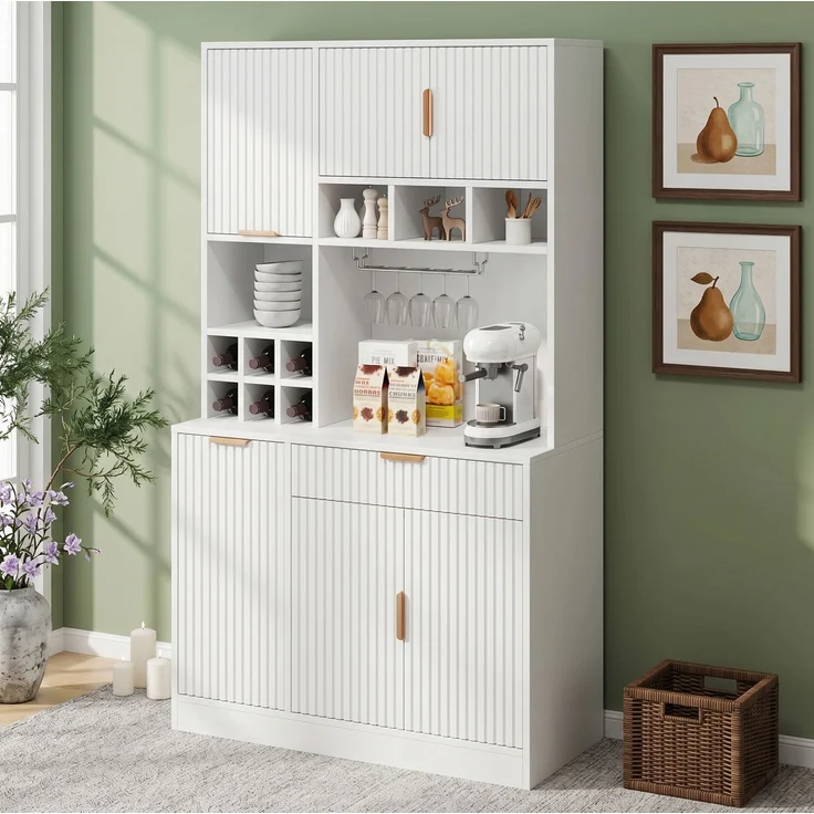 Buffetschrank 100 x 40 x 175 cm mit Steckdosen, USB, Weinablage – Hochschrank in Weiß – Bild 2