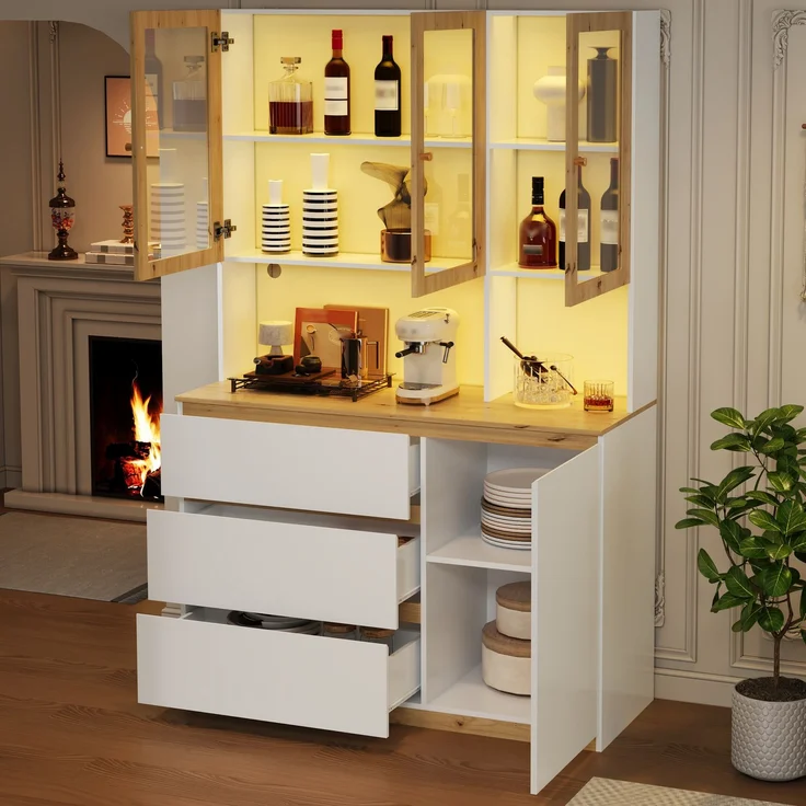 Hochschrank 200x120x24.5 cm mit LED, Glasvitrine, 3 Schubladen in Weiß/Eiche – Bild 3