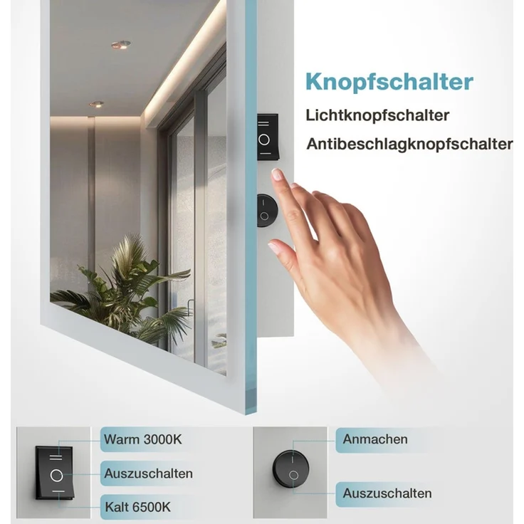 Gimbelen LED Badspiegel 50x70 cm, Badezimmerspiegel mit Beleuchtung, Tastenschalter, Antibeschlag, 2 Lichtfarben (3000K/6500K) & Speicherfunktion, explosionsgeschützt, IP44, Silber – Bild 3
