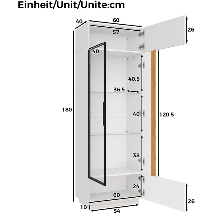 Vitrinenschrank 60x40x180 cm mit Glastür, LED-Beleuchtung und Hochglanzfronten – Weiß – Bild 5