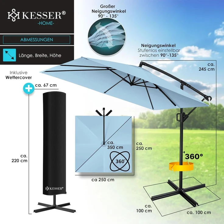 KESSER® Ampelschirm Holly Sonnenschirm Rechteckig ohne LED Solar inkl. Abdeckung + Windsicherung mit Kurbel | Kurbel-Schirm mit Ständer UV-Schutz Aluminium Wasserabweisend Ø350cm Gartenschirm Hellblau – Bild 7