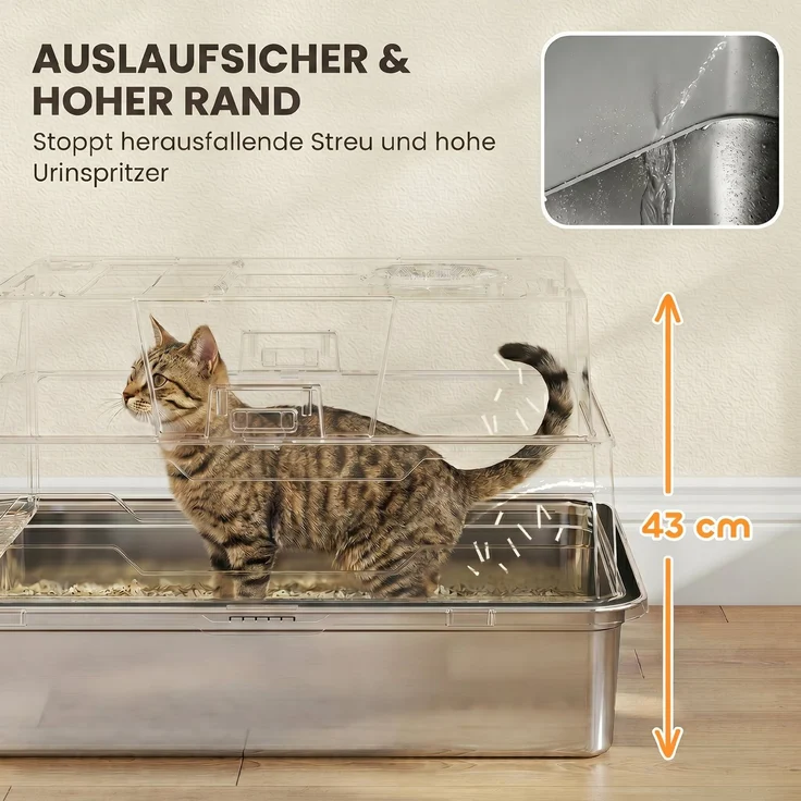 PawHut Katzenklo, Edelstahl, ABS, Grau, 70L x 50B x 43H cm – Bild 7