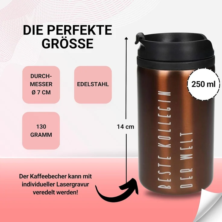 elasto Thermobecher 250 ml Edelstahlbecher doppelwandig isolierter Kaffeebecher, Coffee mug, Travel mug, Becher mit Deckel, Trinkbecher, Becher – Bild 4