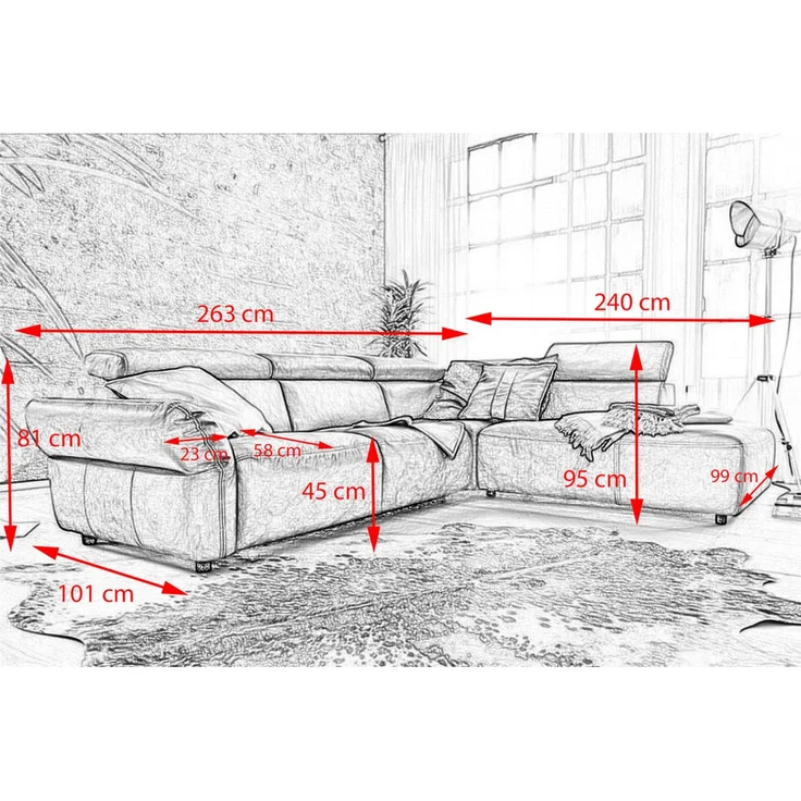 KAWOLA Sofa RISO Ecksofa mit motorischer Sitztiefenverstellung Leder grau Recamiere rechts 81 x 240 x 263 cm – Bild 3