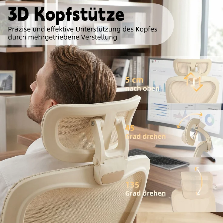 Klappbarer ergonomischer Bürostuhl, kleiner Platz-Klappstuhl mit Taillenstütze, Ganznetzschiebekissen, klappbare Armlehnen, 3D-Kopfstützen und Bürostuhl mit Arbeitspedalen,creme--Creme--129x48.5x62cm--YOUDENOVA – Bild 6