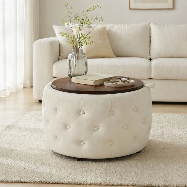 Hocker-Set aus Samt, 2-teilig, mit Stauraum und Holztablett, 60x60x38 cm, Beige – Bild 2