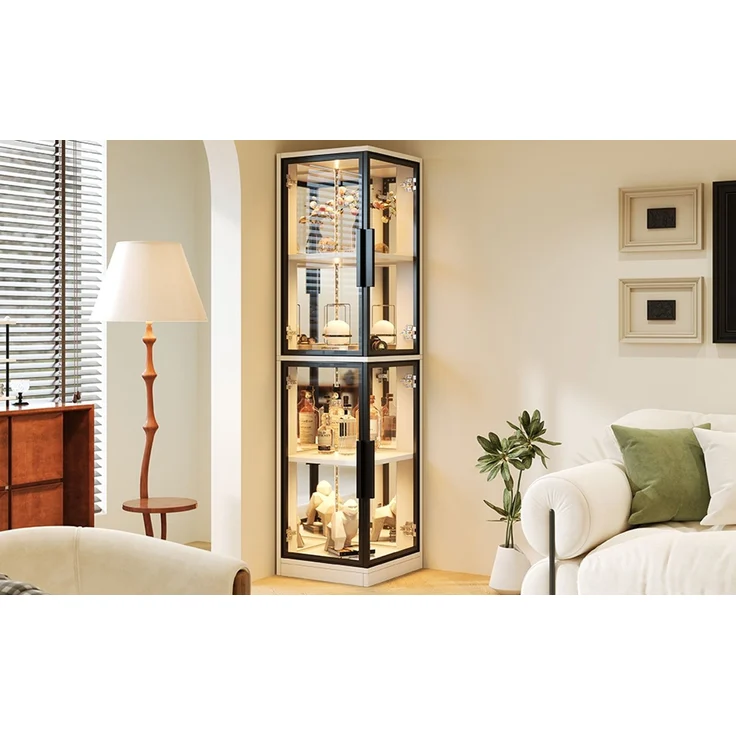 ZUBALIYA Vitrine mit Glas 44 × 42 × 164 cm, Spiegelrückwand, Eckvitrine mit doppelseitiger Glaspräsentation, LED-Beleuchtung mit Farbwechsel, Glasvitrine für Sammlerstücke, Bücher, Wein & Dekoration, Weiß – Bild 12