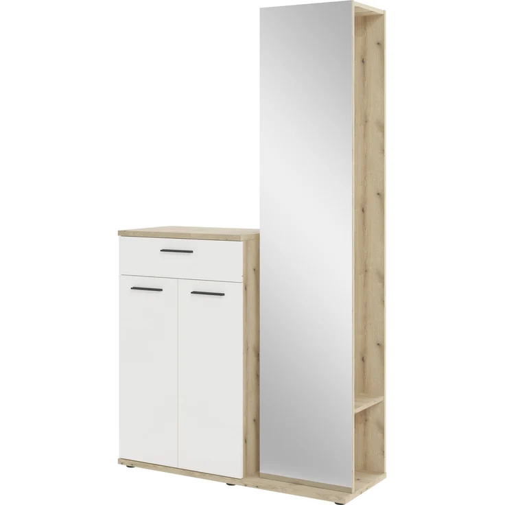 Kompaktgarderobe >Malaga< 2 Türen, 1 Schub, Spiegel, Eiche Dekor / Weiß - 105x188x38cm (BxHxT) – Bild 1