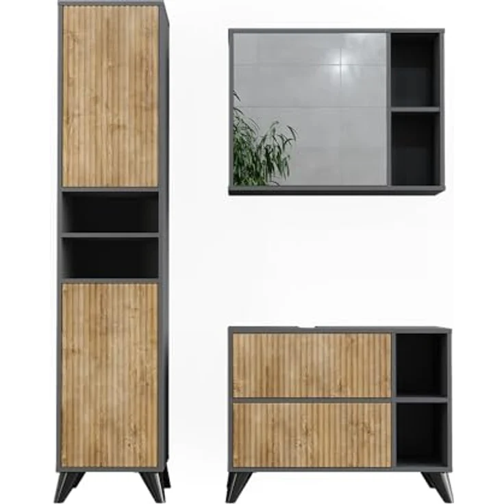 Vichy Badmöbel-Set Leano, 3-teilig, Anthrazit/Bergeiche, mit Waschbeckenunterschrank und Spiegelschrank, 80 cm – Bild 1