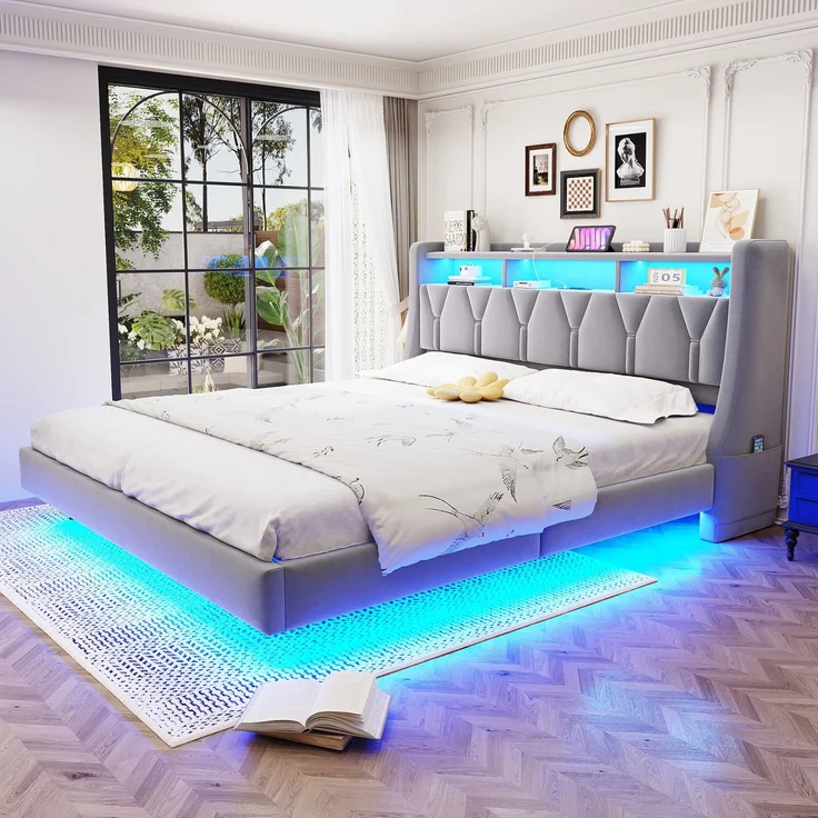 U-life Polsterbett 180x200 cm, fürs Schlafzimmer, klappbar, LED-Beleuchtung, Gepolstertes Kopfteil, Verbreiterte Bettbeine, Sperrholz, Hellgrau – Bild 2
