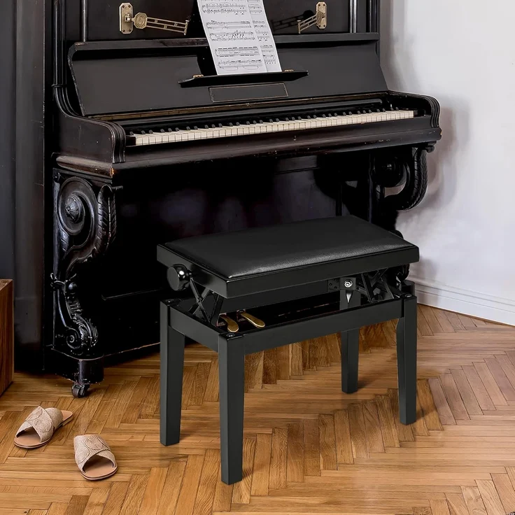 HOMCOM Klavierbank Höhenverstellbare Klavierbank mit Lederkissen (Pianobank, 1-St, Kunstleder Gummiholz), Schwarz 63 x 33 x 45-56 cm – Bild 2
