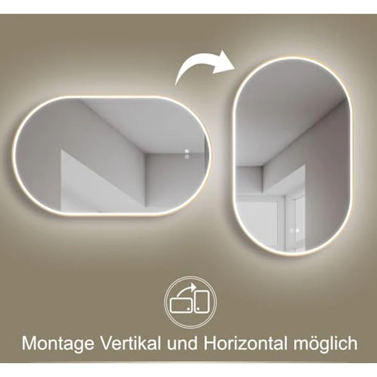HOKO Badezimmerspiegel LED Oval 50x90 cm London Gold, Anti-Beschlag, energiesparend, Touch-Sensor, Lichtfarbe Wechsel 2700-6500K – Bild 4