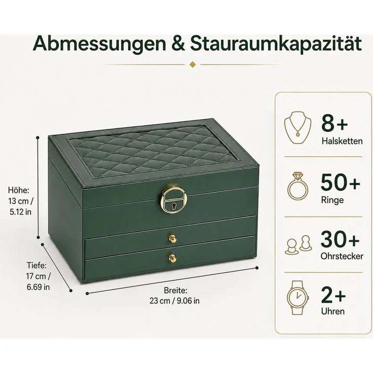 BlingBin Schmuckkasten Schmuckkästchen 3 Ebenen, Schmuckaufbewahrung mit 2 Schubladen (1er Set, 1 St, Schmuckschatulle, abschließbar, Tiefgrün), Schmuck Organizer mit Kettenhaken Ringrollen Ohrringfach Uhrenfach – Bild 2