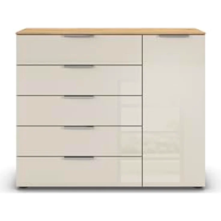 Rauch Möbel Flipp, Kommode für Schlafzimmer, Kinderzimmer, Wohnzimmer, Jugendzimmer, Flur, Garderobe, 1-türig, 5 Schubladen, mit Softclose-Funktion, Farbe Eiche Artisan, Holz/Glas Beige, Breite 120 cm – Bild 6