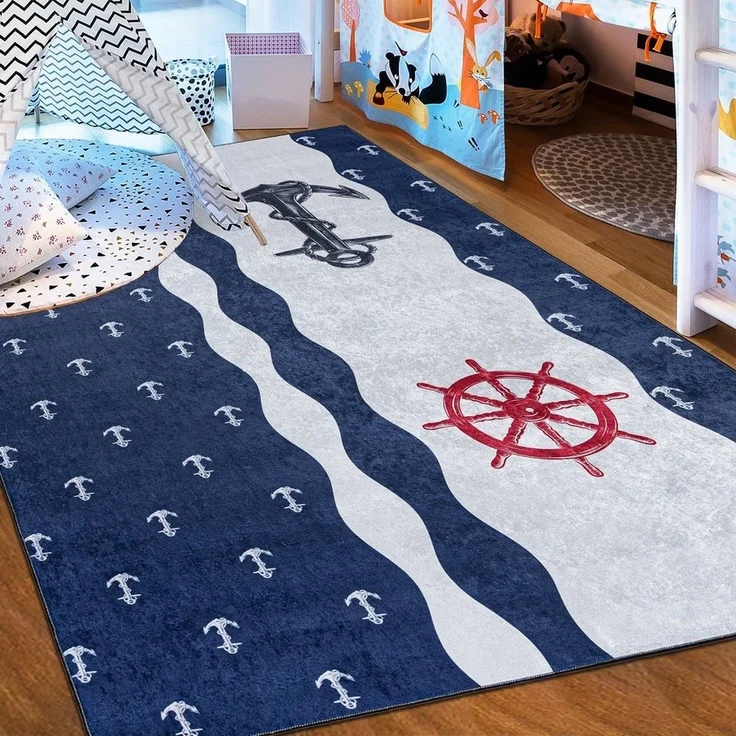 Mazovia Kinderteppich Kinderteppich Kinderzimmerteppich Anker Motiv, 80 x 150 cm, Kurflor, Waschbar in Waschmaschine, Höhe 5 mm, Rutschfest – Bild 1