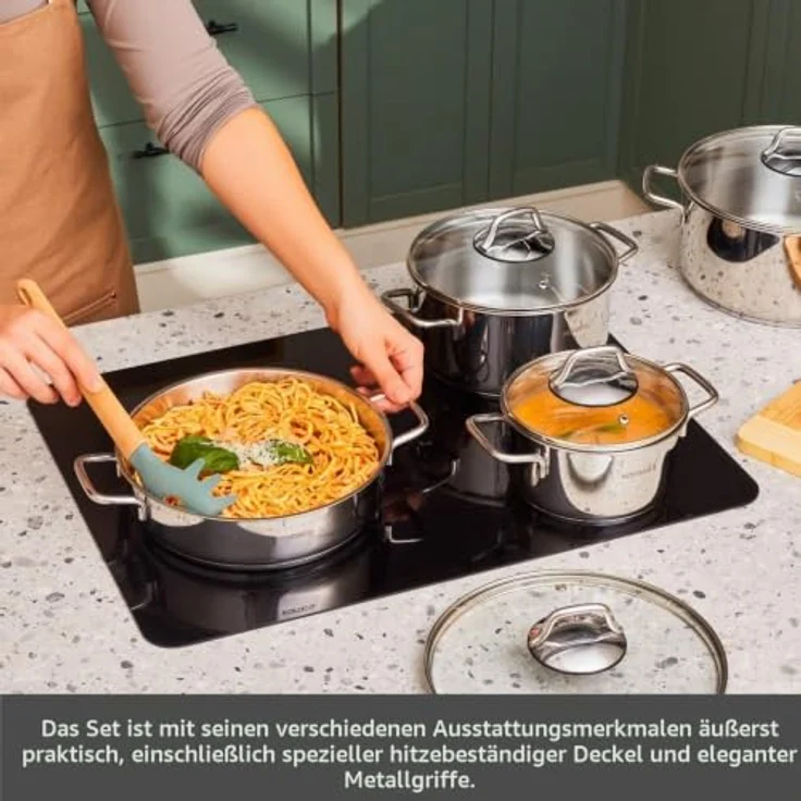 Karaca Belgrad 15-teiliges Topf-Set aus Edelstahl mit hitzebeständigen Deckeln, inkl. Bratpfanne und Kaffeekannen-Set – Bild 6