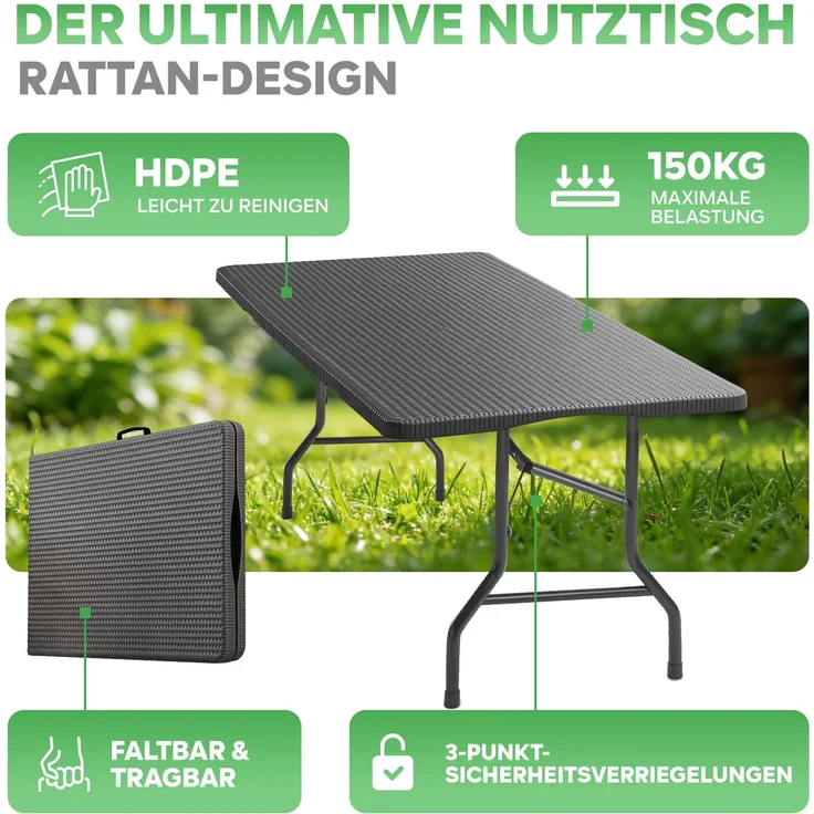 Eiryss Klapptisch 180cm Schwarz Rattan-Optik HDPE – Tragbarer Gartentisch mit 3 Sicherheitsverriegelungen, Camping & Picknick, 150kg – Bild 10