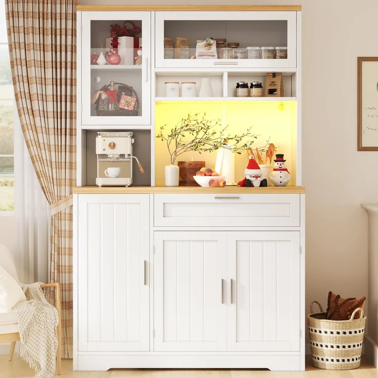 Küchenschrank, Hochschrank / Vitrine mit LED-Beleuchtung, 104x40x180 cm, weiß/schwarz, für Küche & Wohnzimmer--Weiß--104x40x180cm--YOUDENOVA – Bild 2