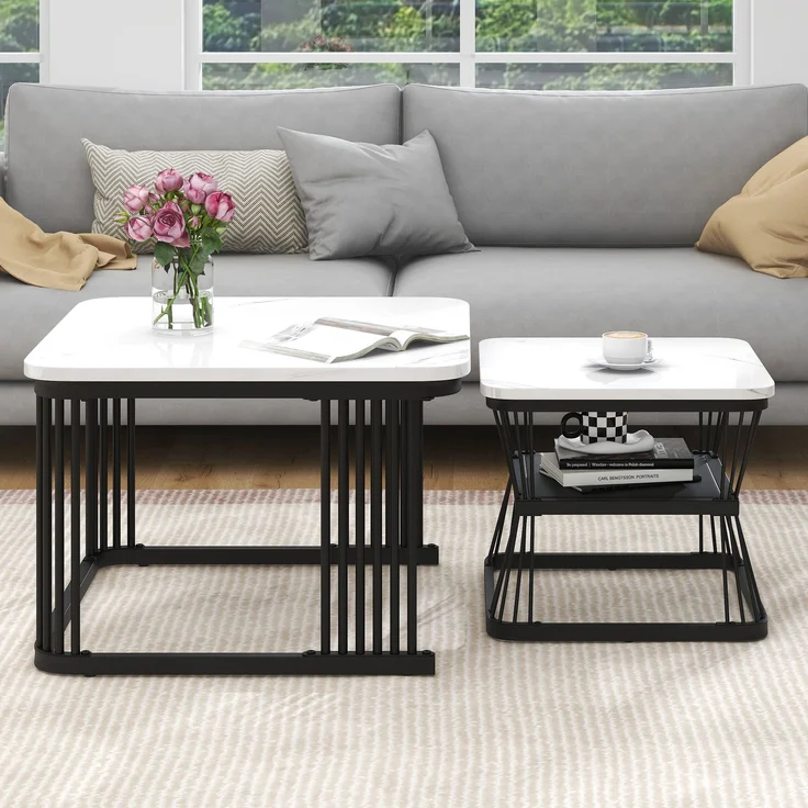 2er-Set Beistelltische, Marmoroptik weiß/schwarz, 65x65x45 & 45x45x39,5 cm – Bild 2