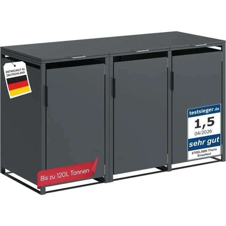 STEELSØN 'Thoria' Mülltonnenbox 3er je 120 Liter, anthrazit, Mülltonnenverkleidung aus Stahl, wetterfest, 102x62x177,5 cm, Müllbox für 3 Tonnen – Bild 1