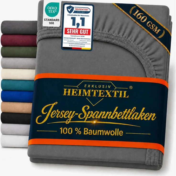 EXKLUSIV HEIMTEXTIL Jersey Spannbettlaken Deluxe 120 x 200 cm Anthrazit 160 GSM, 100% Baumwolle Öko - Tex Zertifiziert Bed-Sheet Bettlaken Spannbetttuch Topper Leinentuch – Bild 1