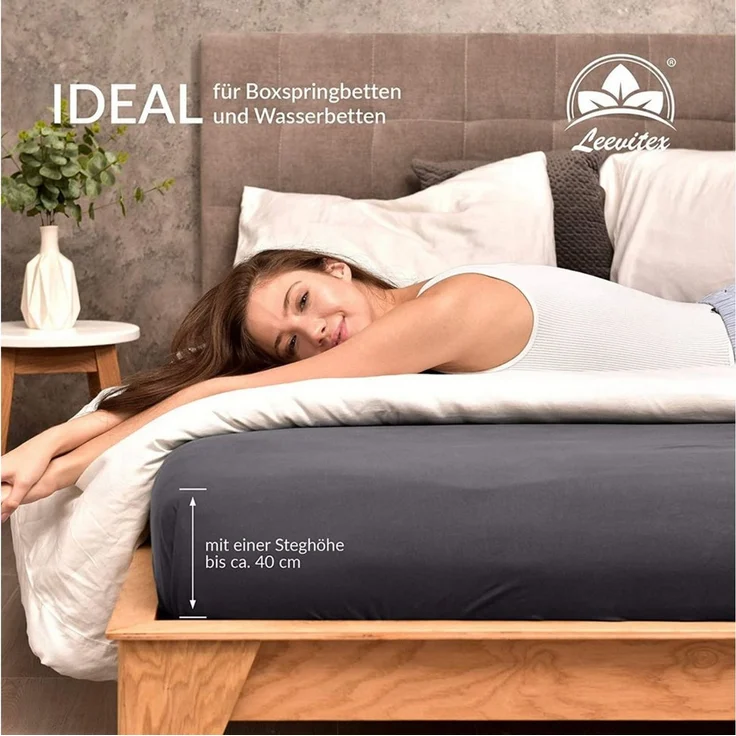 leevitex® Spannbettlaken 180x200 - 200x220 cm, 40 cm Steghöhe, Stoffdicke 150 g/m², Jersey, Gummizug: rundum, (1 Stück), OEKO-TEX® Standard 100 Zertifikatsnummer 10. HTR. 85321 zertifiziert – Bild 4