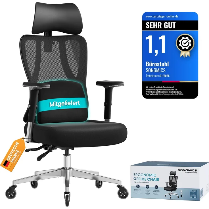 SONGMICS Bürostuhl ergonomisch, Schreibtischstuhl, Gaming-Stuhl, verstellbare Lenden-, Kopfstütze, Armlehnen, für Verschiedene Körpergröße, bis zu 150 kg belastbar, tintenschwarz OBN067BH01