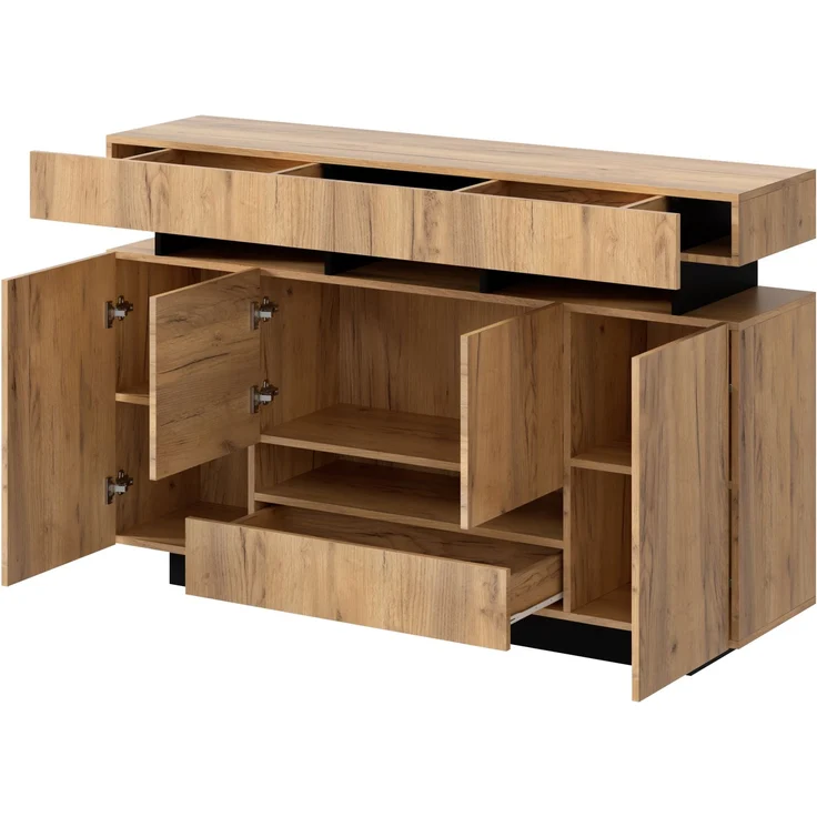 Sideboard B 140 x T 35 x H 90 cm aus Spanplatte in Natur/Schwarz mit RGB-Beleuchtung – Bild 10