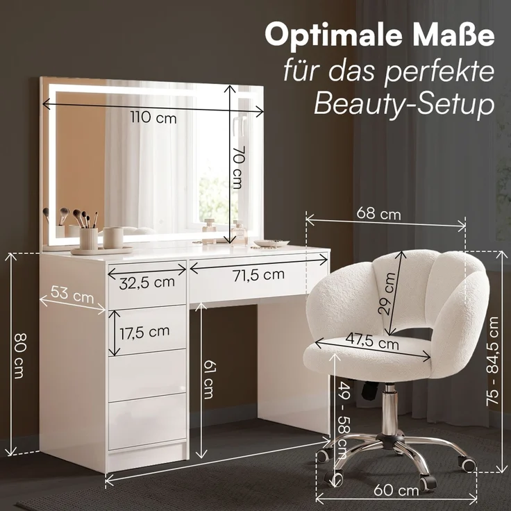 Bellamio 'Livny' Set aus Schminktisch mit Spiegel und Wolkenstuhl, LED-Beleuchtung, mit 5 Schubladen, beidseitig montierbar, weiß Hochglanz, 80x53x110 cm, LED-Beleuchtung mit mit 3 einstellbaren Lichtfarben – Bild 9
