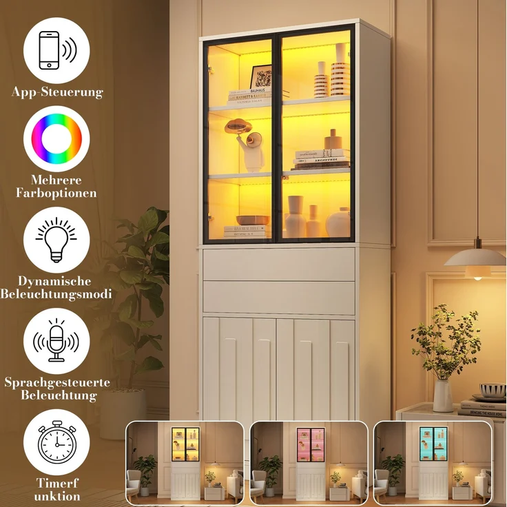 Vitrinenschrank 70 x 34 x 180 cm in Weiß mit Glastüren und App-gesteuerter LED-Beleuchtung – Bild 8