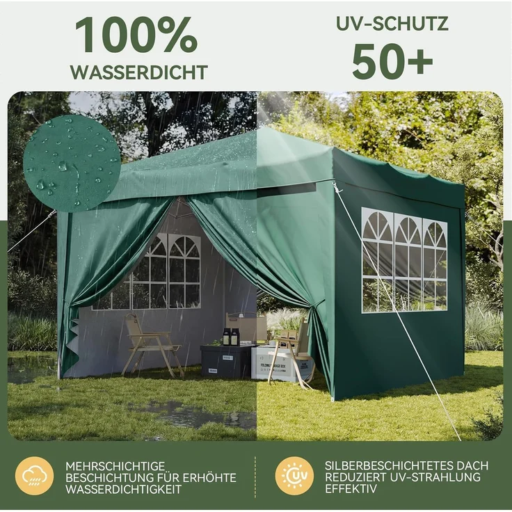 Aoxun Pop Up Pavillon 3x3 Wasserdicht mit 4 Seitenwänden, Metallrahmen-Schutzzelt, Höhe Verstellbar, 3mx3m Faltpavillon mit Tragetasche für Camping Party, Grün – Bild 3