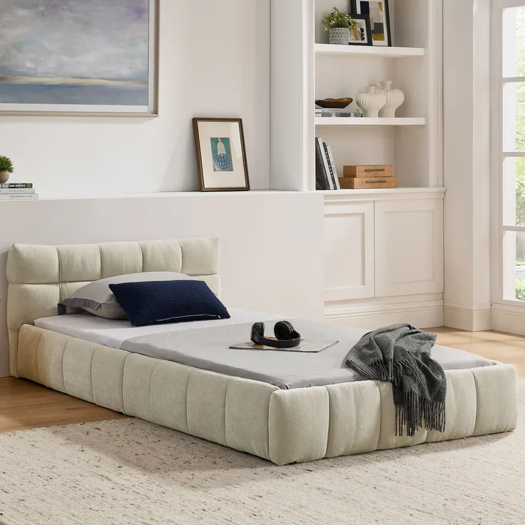 Einzelbett 90x200 cm mit Chenille-Bezug – ökologisches Eukalyptusholz und stabiler Eisenrahmen