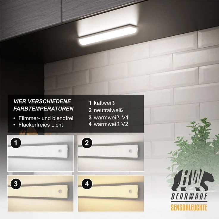BEARWARE Smarte LED-Leuchte Sensorlicht mit Bewegungsmelder, PIR Sensor, 4 Lichtfarben, Nachtlicht, Farbwechsel, Ein-/Ausschalter, LED fest integriert, Kaltweiß, 2× Warmweiß, Neutralweiß, Flexible Anbringung mit Magnetstreifen, 70 Lumen, 3m Reichweite – Bild 3