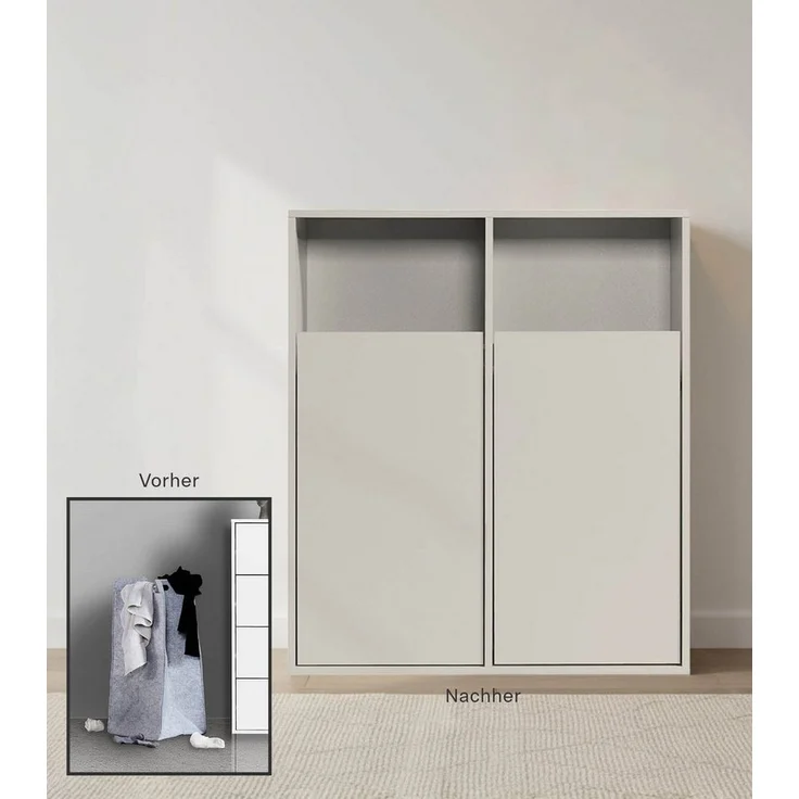 mokebo Wäscheschrank Der Wäschehüter (2-türig) Wäschekorb oder Wäschesammler mit Magnetverschluss in Beige Grau – Bild 1