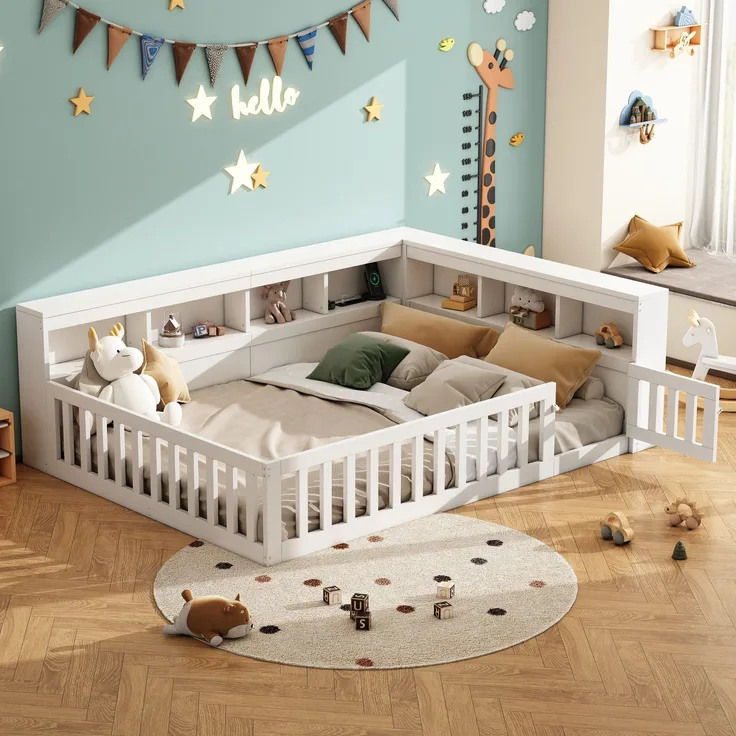 Kinderbett mit Lattenrost und Zaun (140x200 cm), Rausfallschutz, Stauraum, Mehrfachsteckdose, Jugendbett, Kiefer